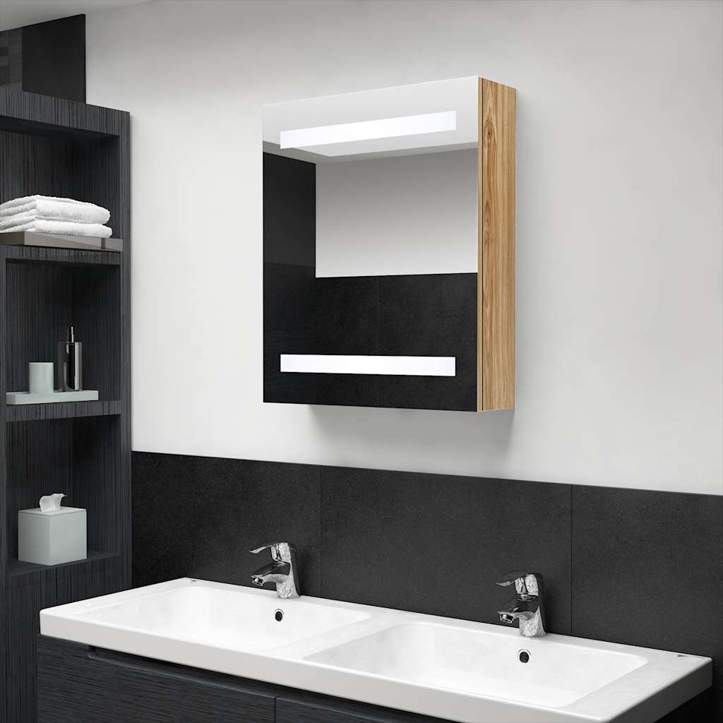 vidaXL LED шкаф с огледало за баня цвят дъб 50x14x60 см