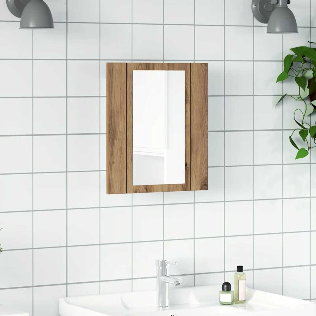 vidaXL LED шкаф за баня с огледало дъб артизан 40x12x45 см