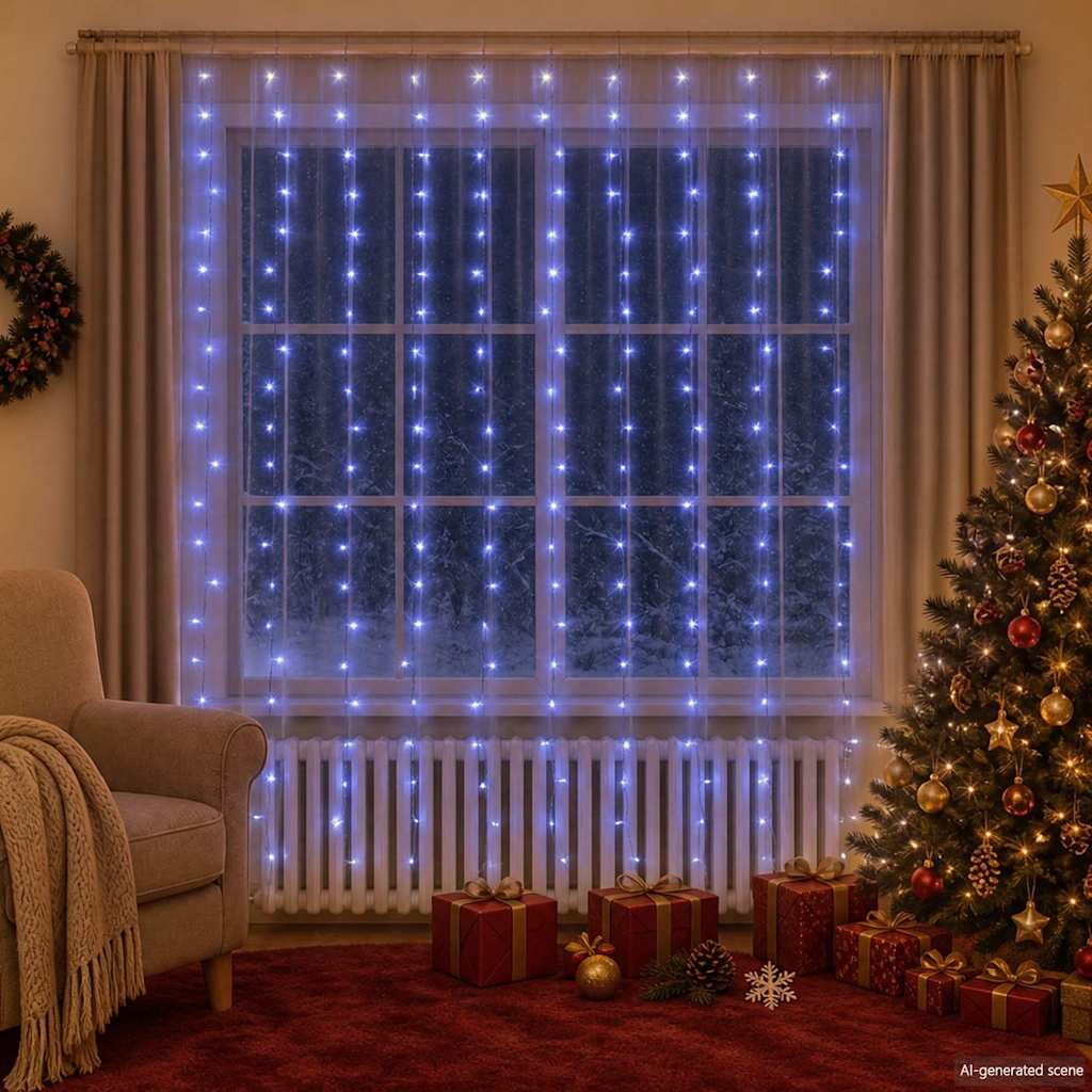 vidaXL LED светеща завеса 3х3 м 300 LED синя 8 режима