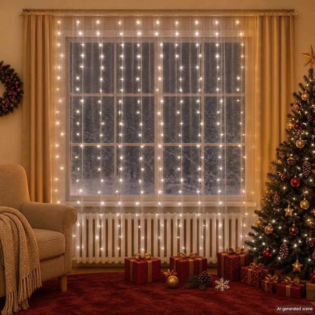 vidaXL LED светеща завеса 3х3 м 300 LED студено бяло 8 режима