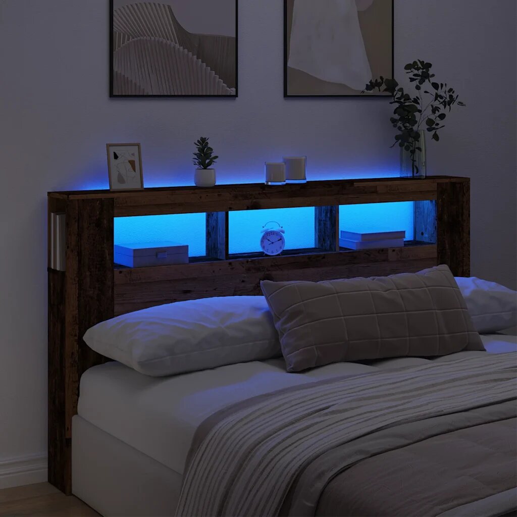 vidaXL LED табла за глава Старо дърво Инженерна дървесина
