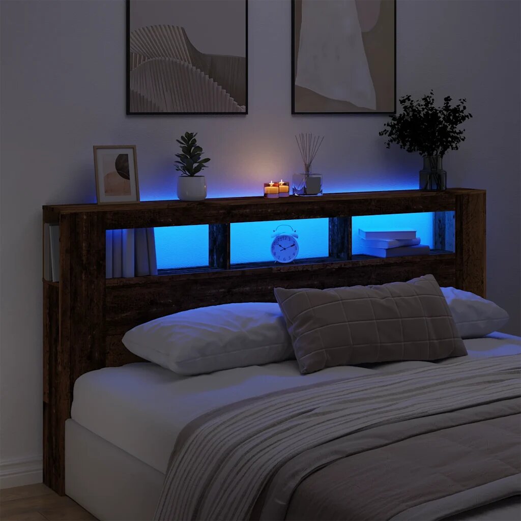 vidaXL LED табла за глава Старо дърво Инженерна дървесина