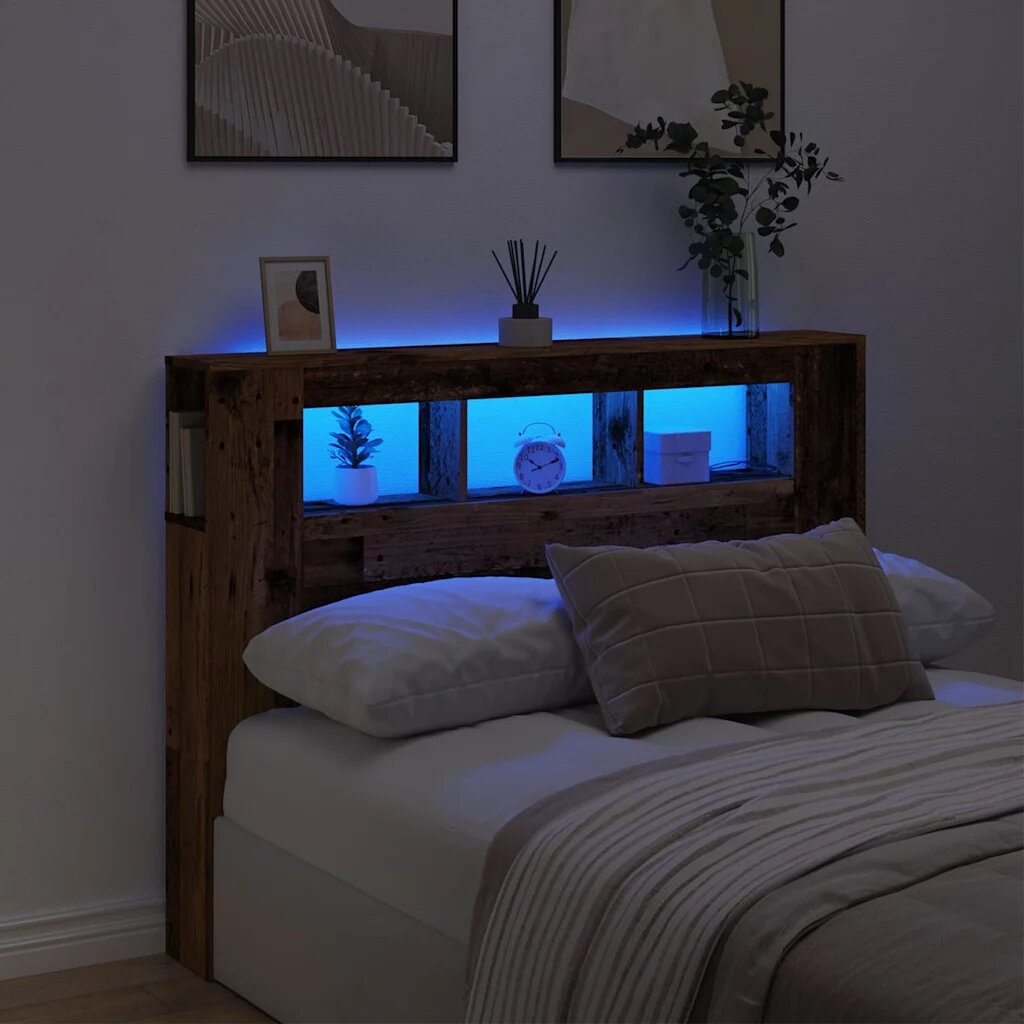 vidaXL LED табла за глава Старо дърво Инженерна дървесина