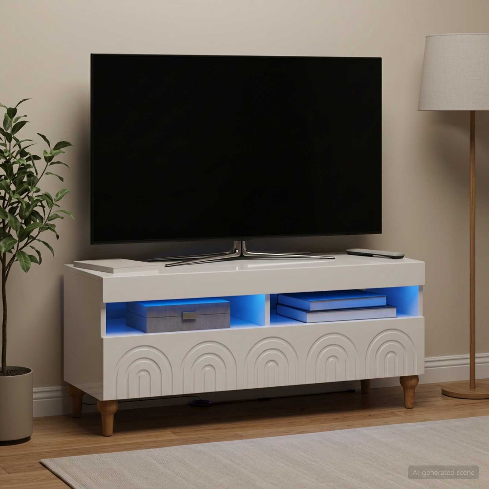 vidaXL LED телевизионен кабинет ALKMAAR 100 x 35 x 43 см Бял гланц