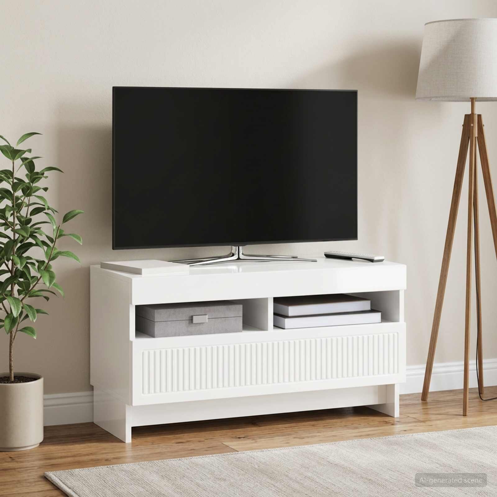 vidaXL LED телевизионен кабинет ALKMAAR 81 x 35 x 43 см Бял гланц