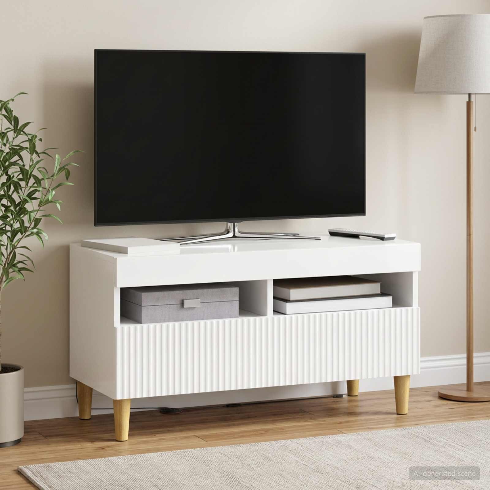 vidaXL LED телевизионен кабинет ARNHEM 81 x 35 x 43 см Бял гланц