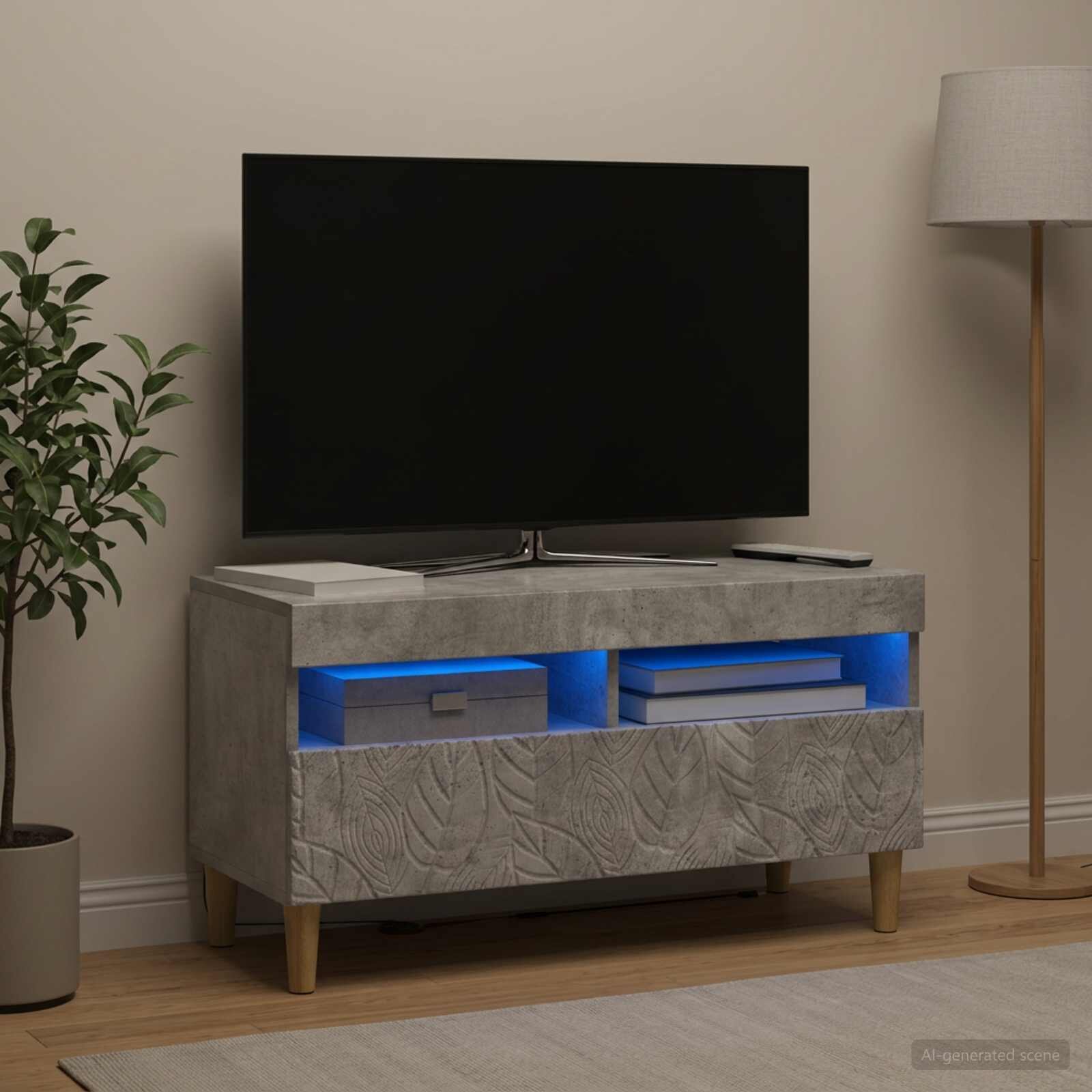 vidaXL LED телевизионен кабинет Бетонно сиво Инженерна дървесина