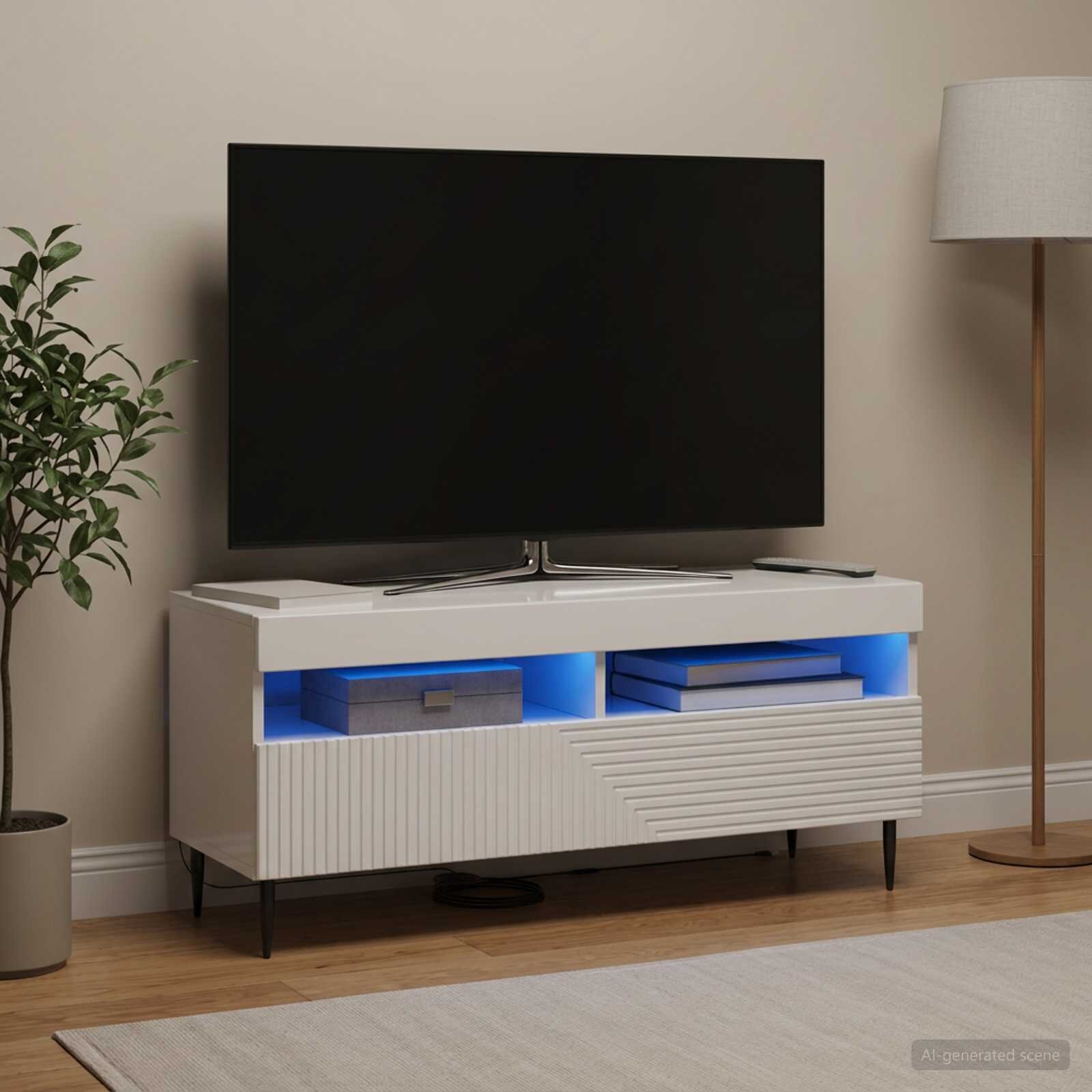 vidaXL LED телевизионен кабинет HAARLEM 100 x 35 x 43 см Бял гланц