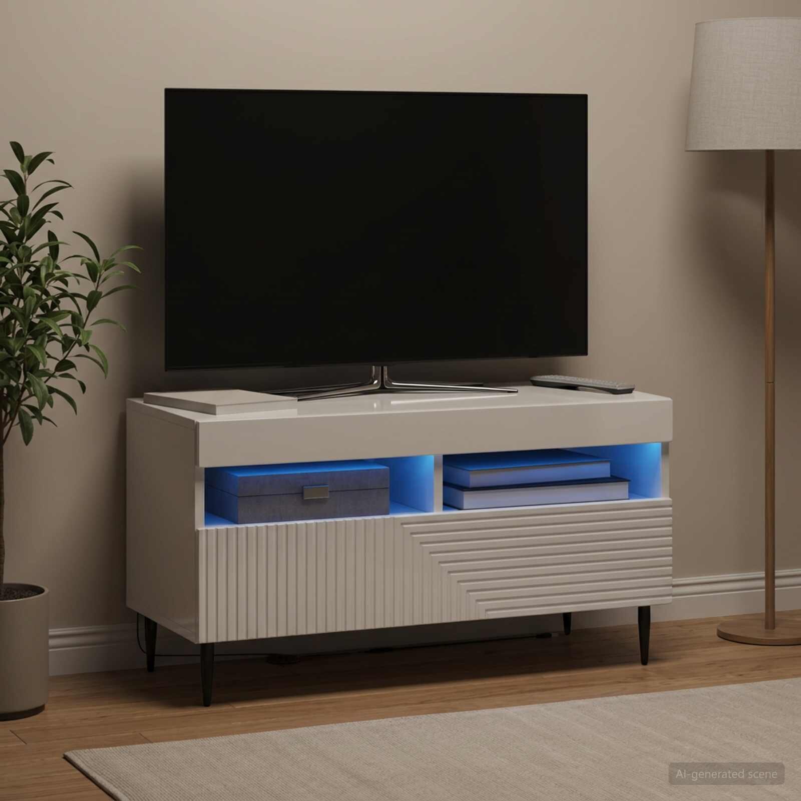 vidaXL LED телевизионен кабинет HAARLEM 81 x 35 x 43 см Бял гланц