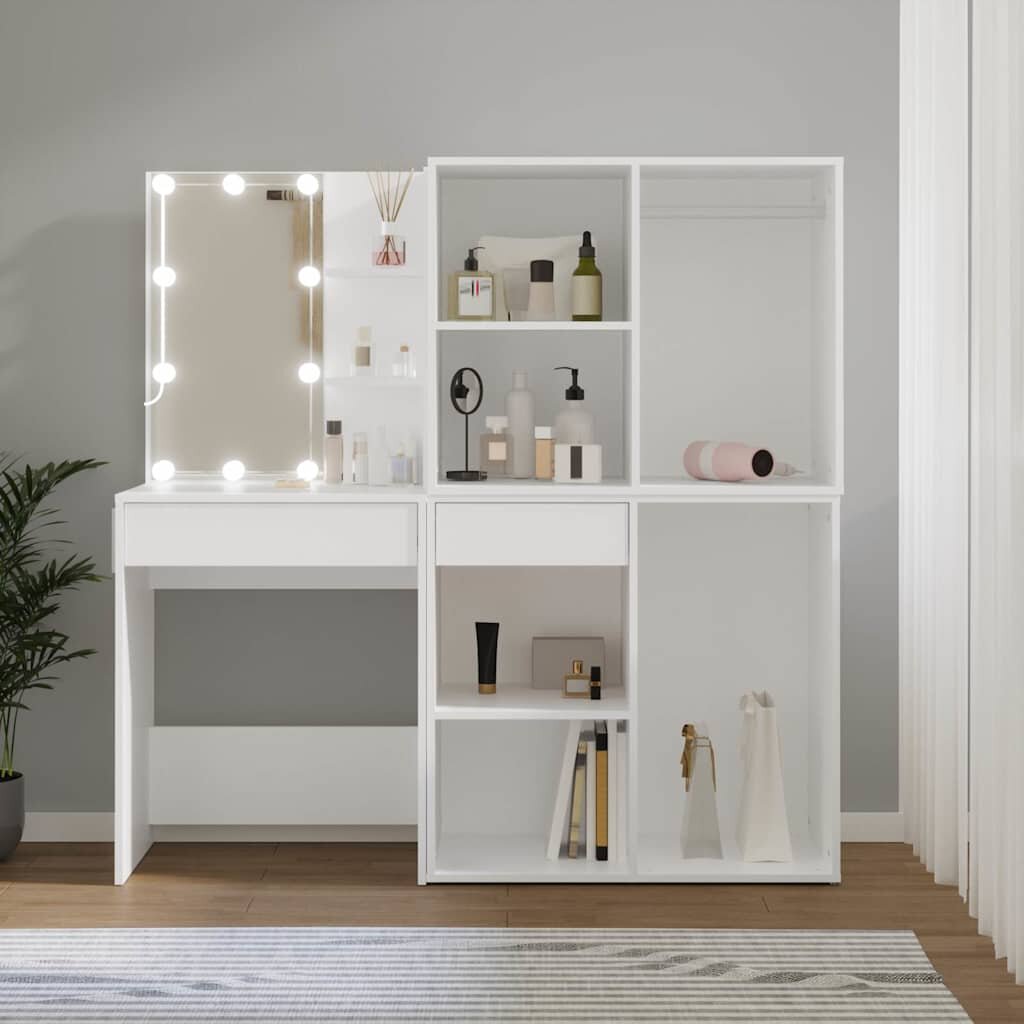 vidaXL LED тоалетка с 2 шкафа бяла инженерно дърво