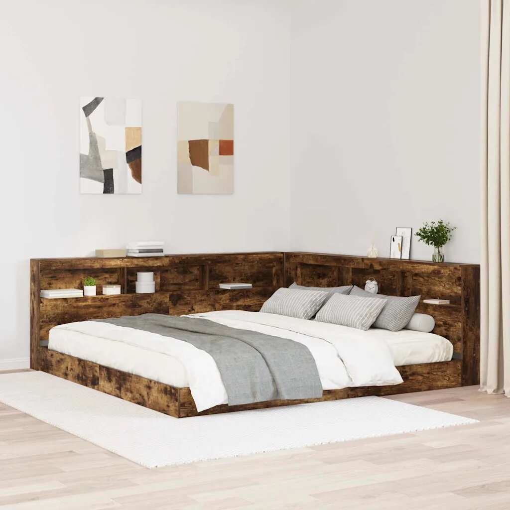 vidaXL Легло с библиотека Опушен дъб 180 x 200 cm Инженерна дървесина