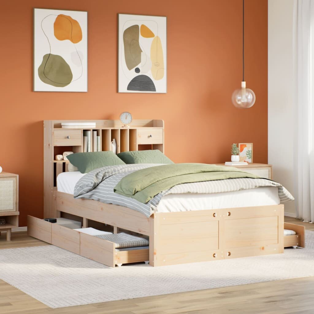 vidaXL Легло с етажерка за книги без матрак 135x190 см бор масив