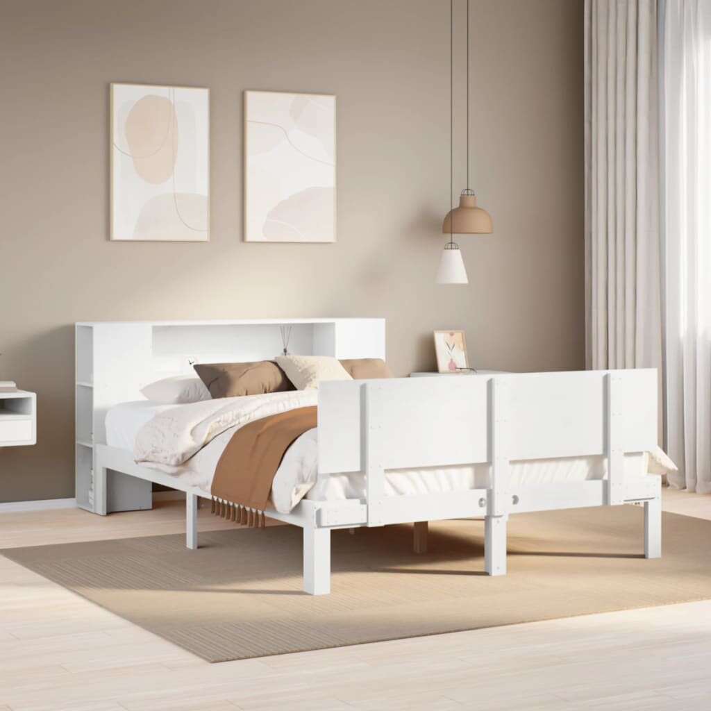 vidaXL Легло с етажерка за книги без матрак 135x190 см бор масив