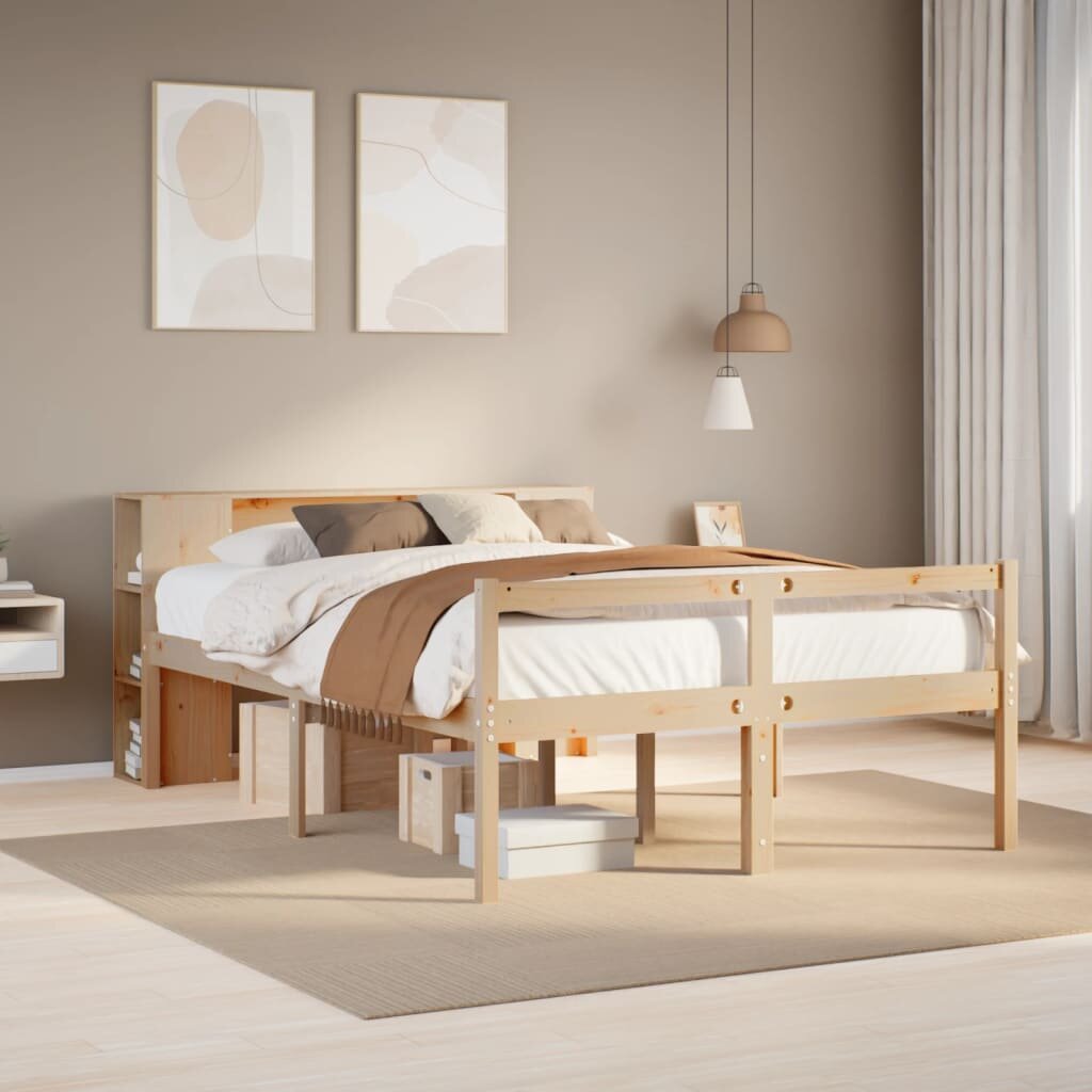 vidaXL Легло с етажерка за книги без матрак 135x190 см бор масив