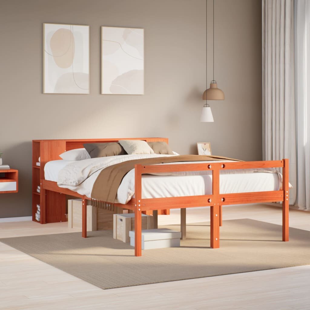 vidaXL Легло с етажерка за книги без матрак 135x190 см дърво масив