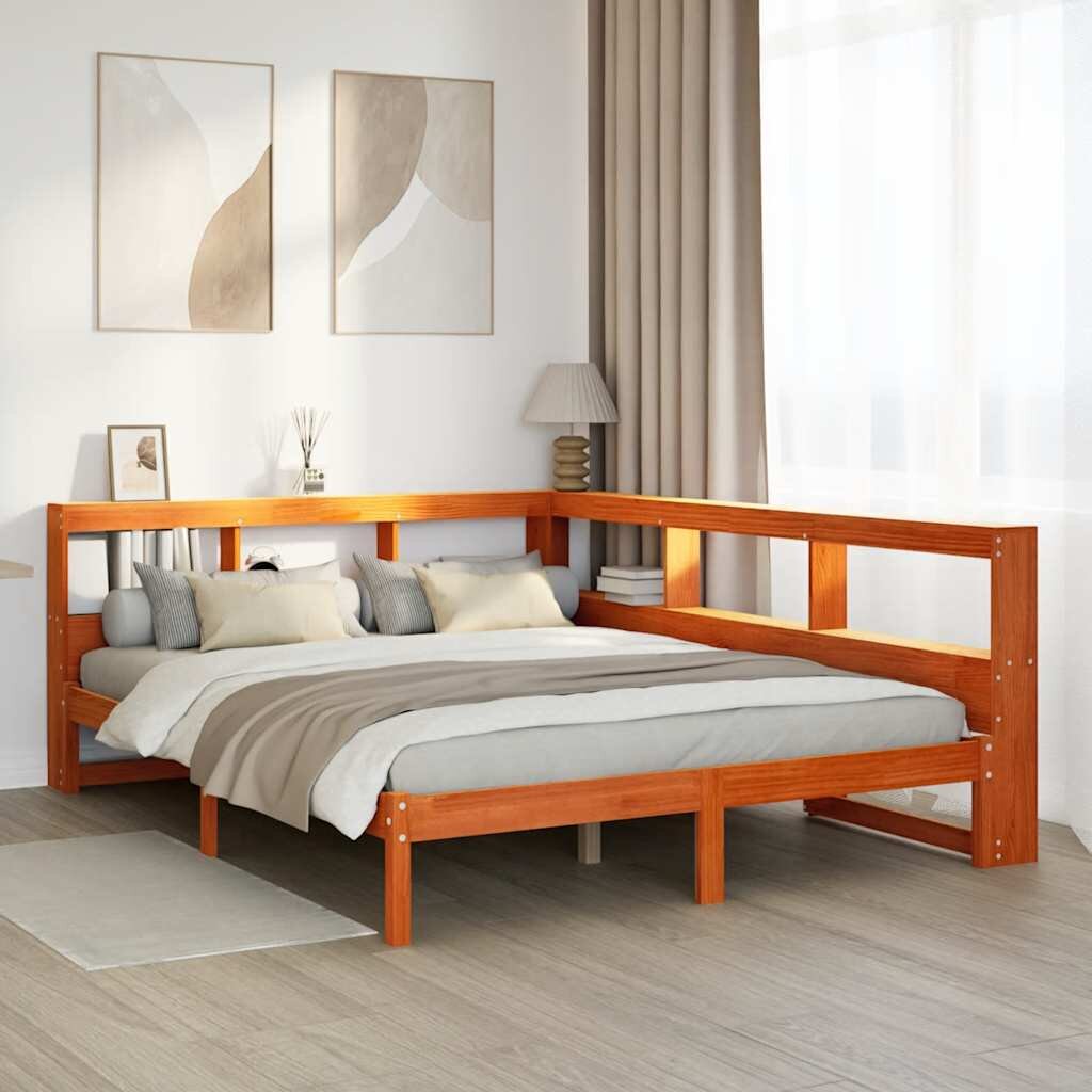 vidaXL Легло с етажерка за книги без матрак 140x190 см бор масив