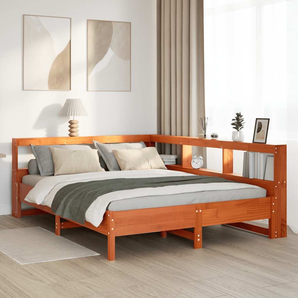 vidaXL Легло с етажерка за книги без матрак 140x200 см бор масив