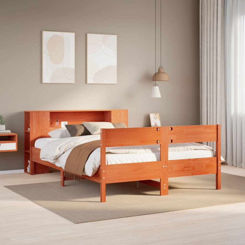 vidaXL Легло с етажерка за книги без матрак 140x200 см бор масив