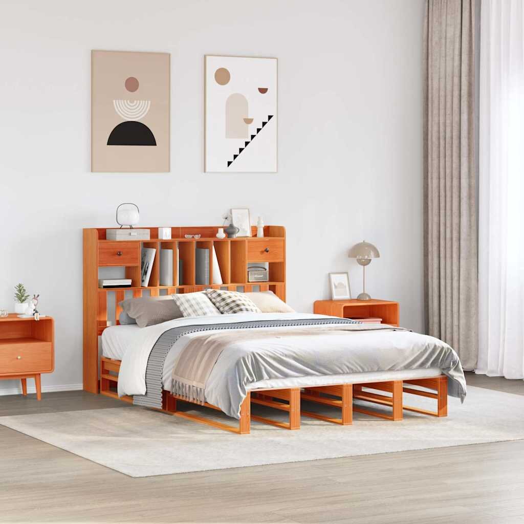 vidaXL Легло с етажерка за книги без матрак 150x200 см бор масив