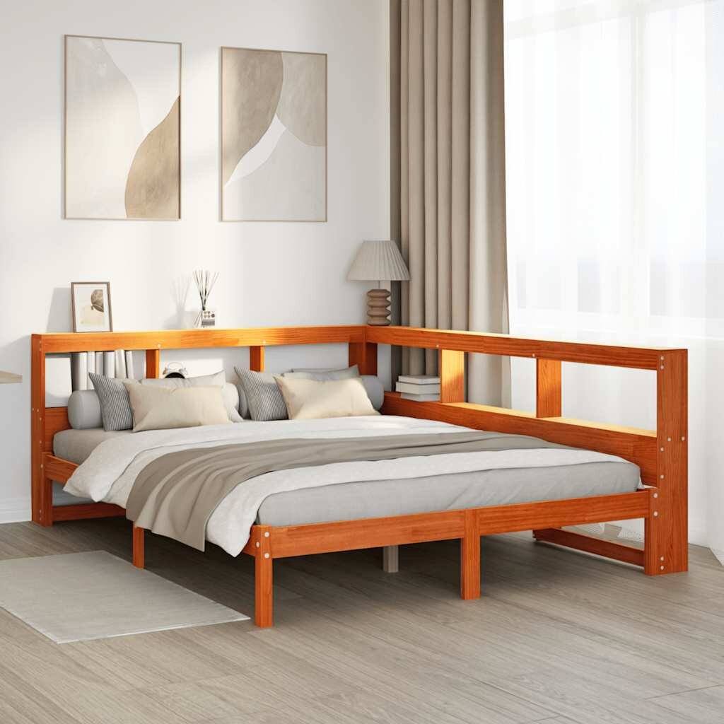 vidaXL Легло с етажерка за книги без матрак 150x200 см бор масив