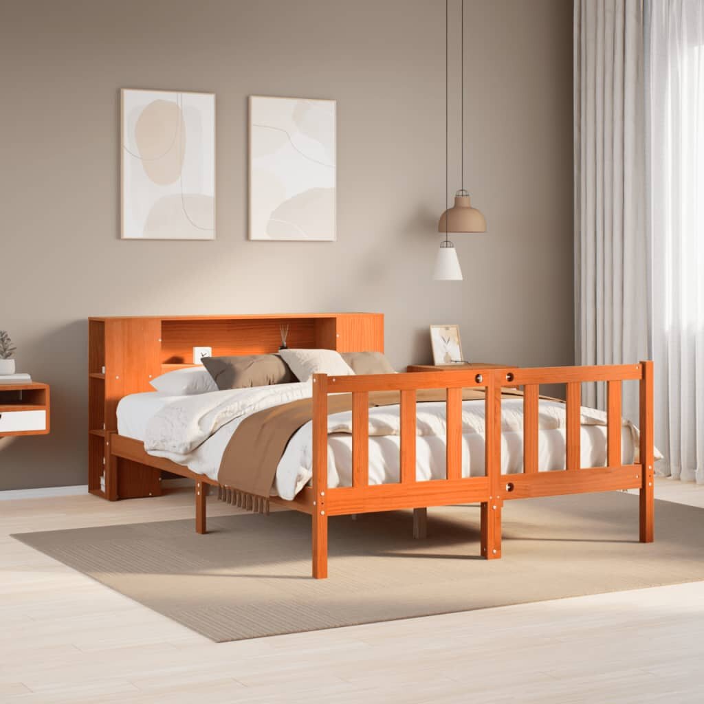 vidaXL Легло с етажерка за книги без матрак 150x200 см бор масив