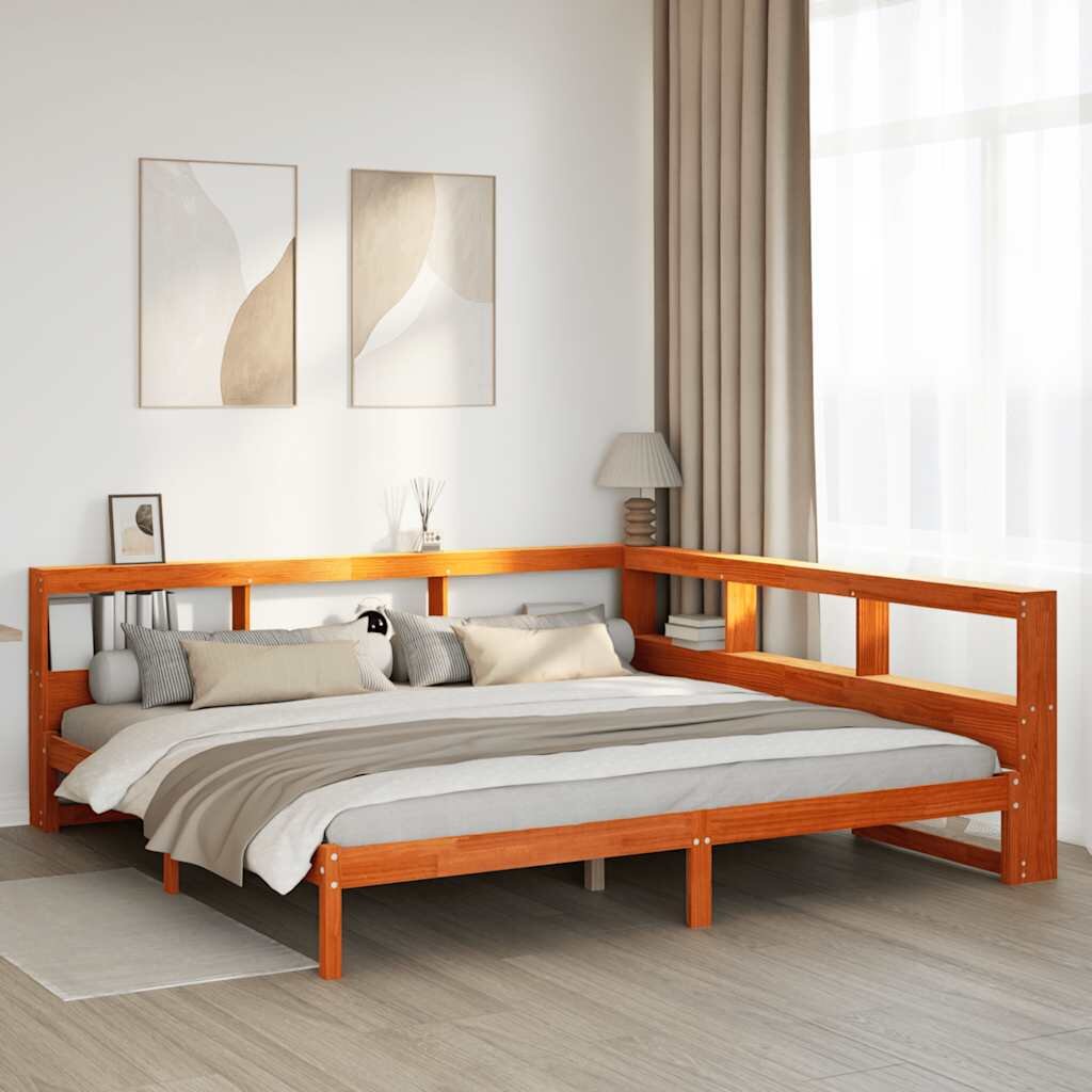 vidaXL Легло с етажерка за книги без матрак 200x200 см бор масив