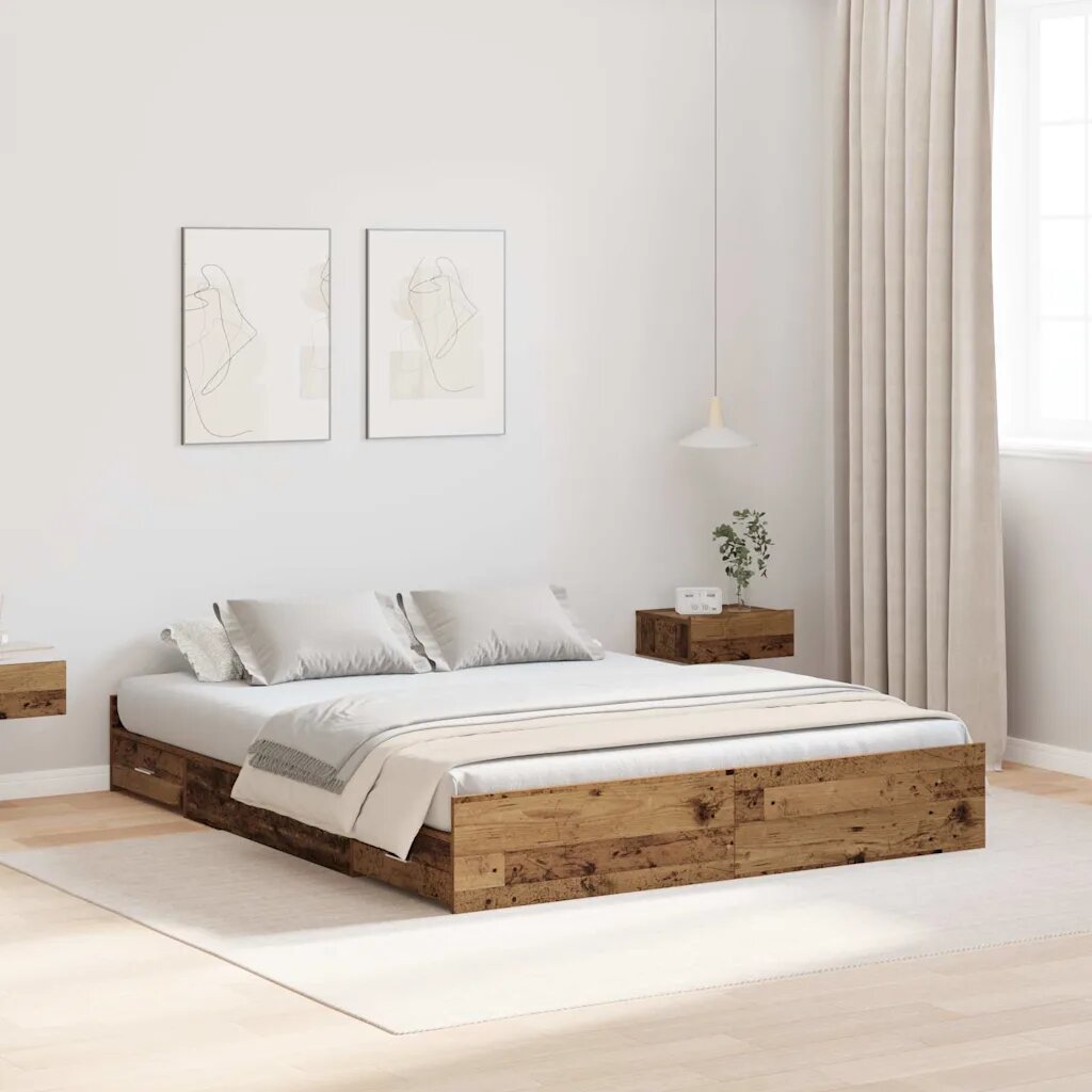 vidaXL Легло с място за съхранение с чекмедже Старо дърво 150 x 200 cm