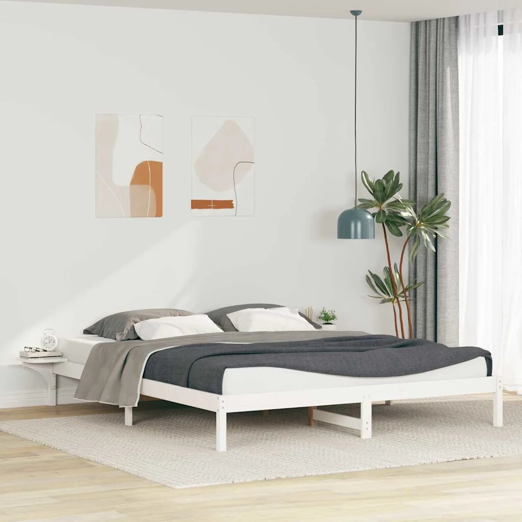 vidaXL Легло с нощни шкафчета Бяло 200 x 220 cm Солидно борово дърво