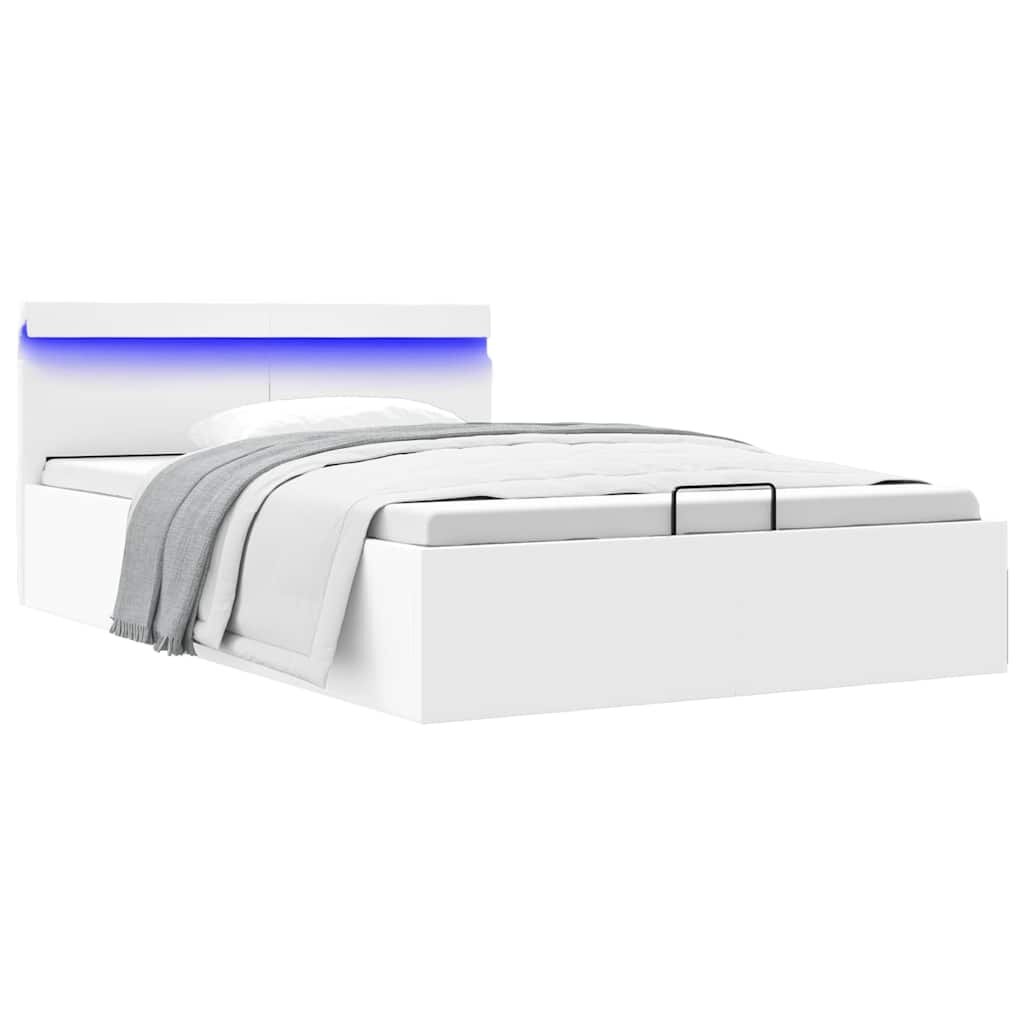 vidaXL Легло с повдигащ механизъм и LED бяло еко кожа 140x200 cм