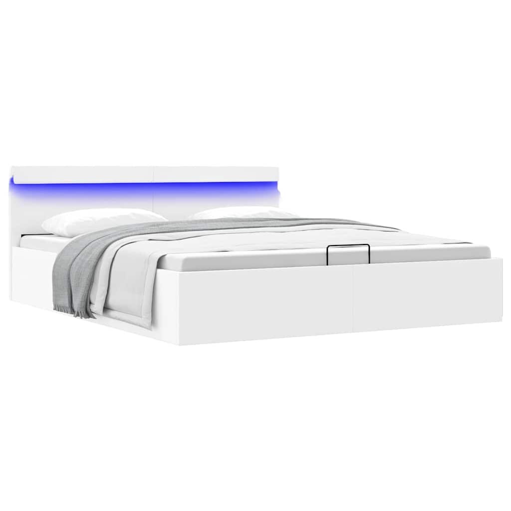 vidaXL Легло с повдигащ механизъм и LED бяло еко кожа 160x200 cм
