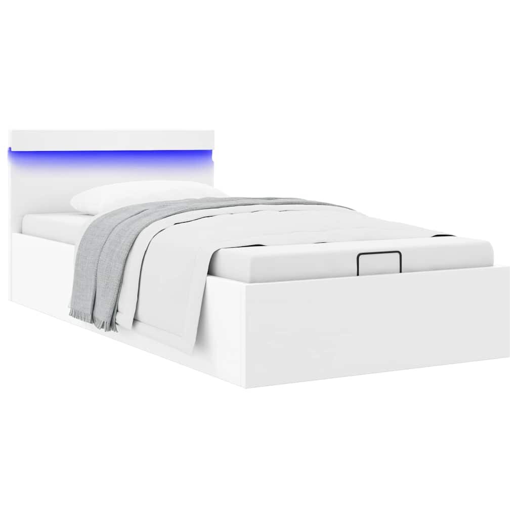 vidaXL Легло с повдигащ механизъм и LED бяло еко кожа 90x200 cм