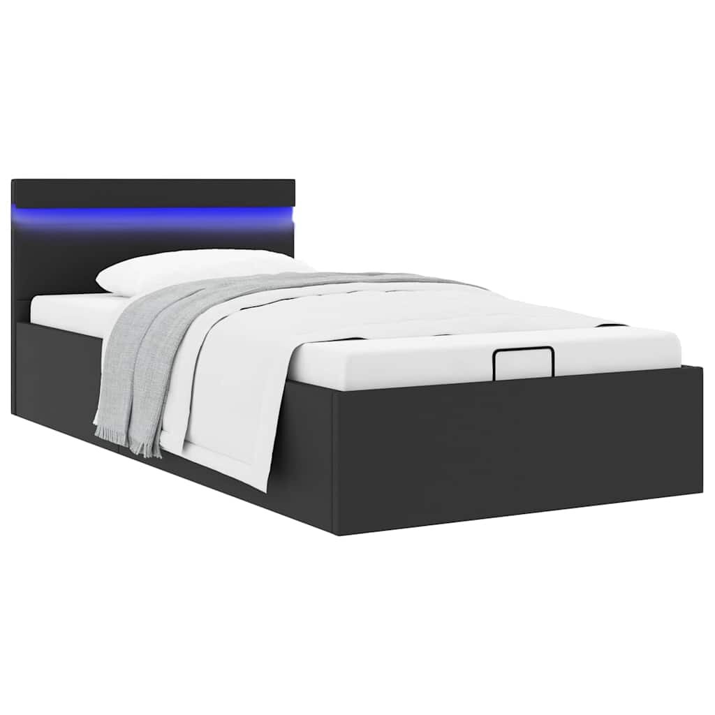 vidaXL Легло с повдигащ механизъм и LED черно еко кожа 90x200 cм