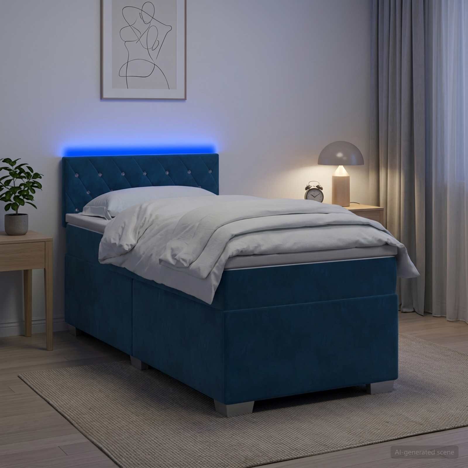 vidaXL Легло с пружина и матрак с LED Синьо 80 x 200 cm Кадифе