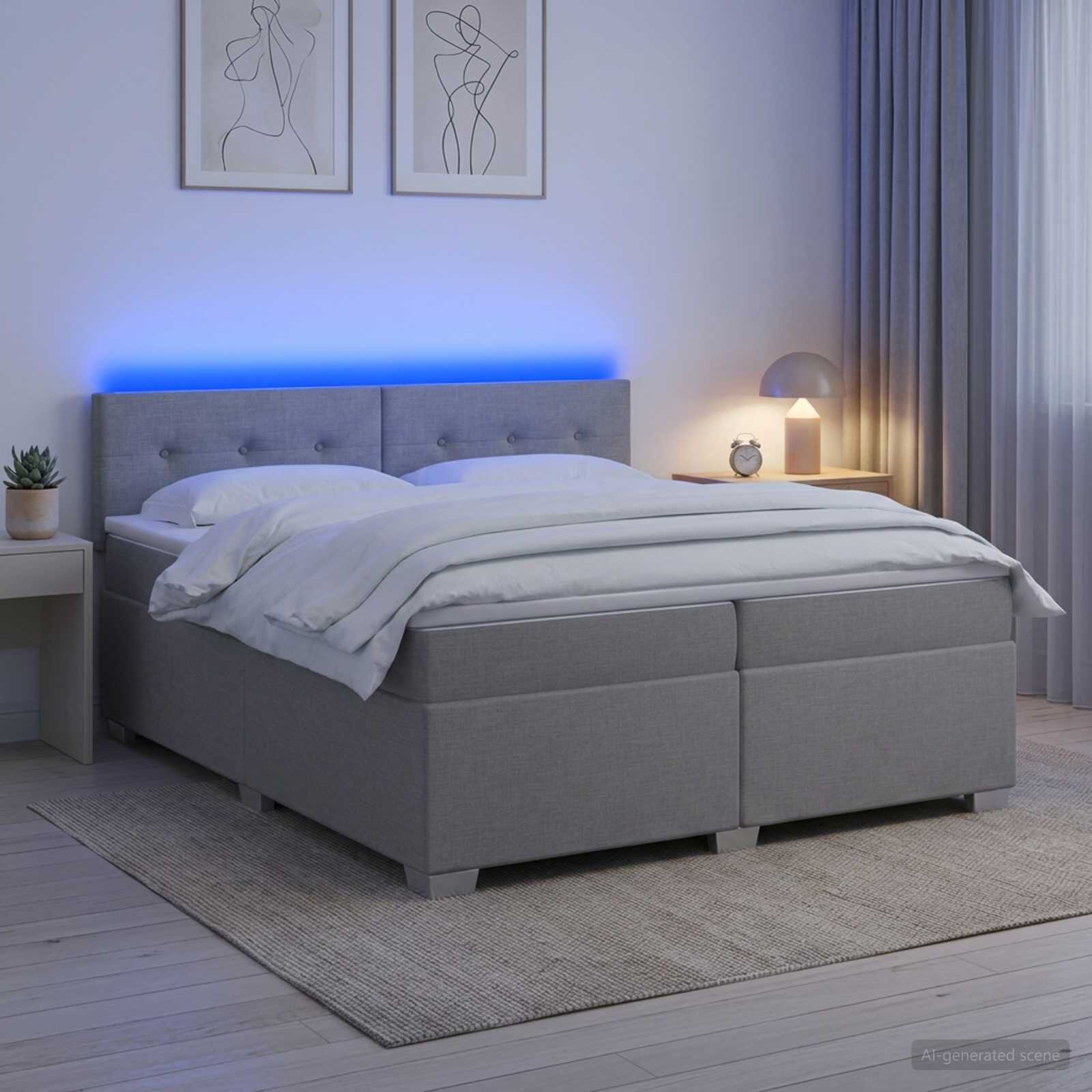 vidaXL Легло с пружина и матрак с LED Светлосиво 200 x 200 cm Текстил