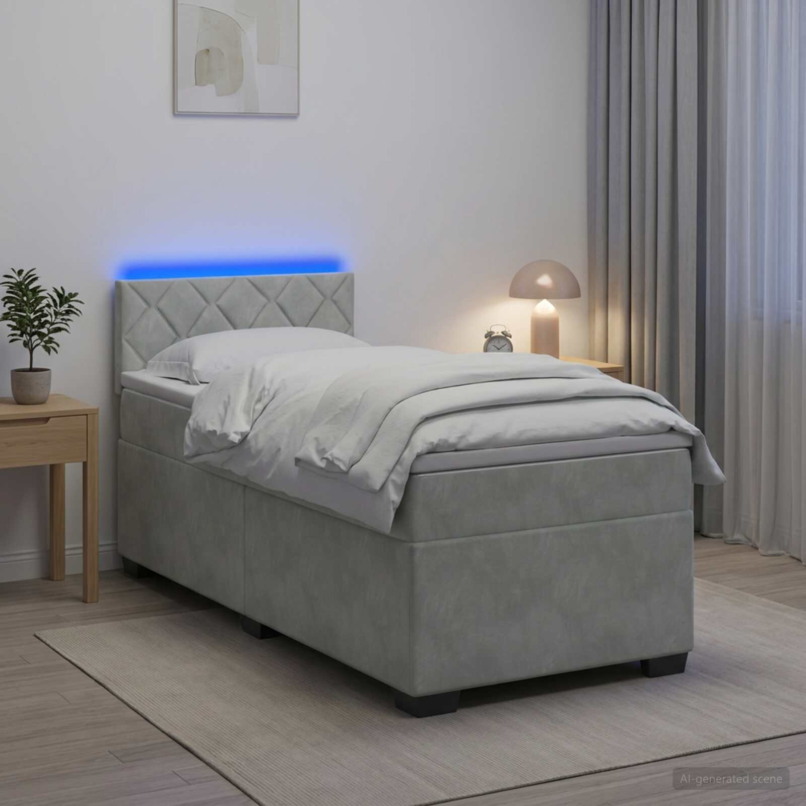vidaXL Легло с пружина и матрак с LED Светлосиво 90 x 190 cm Кадифе