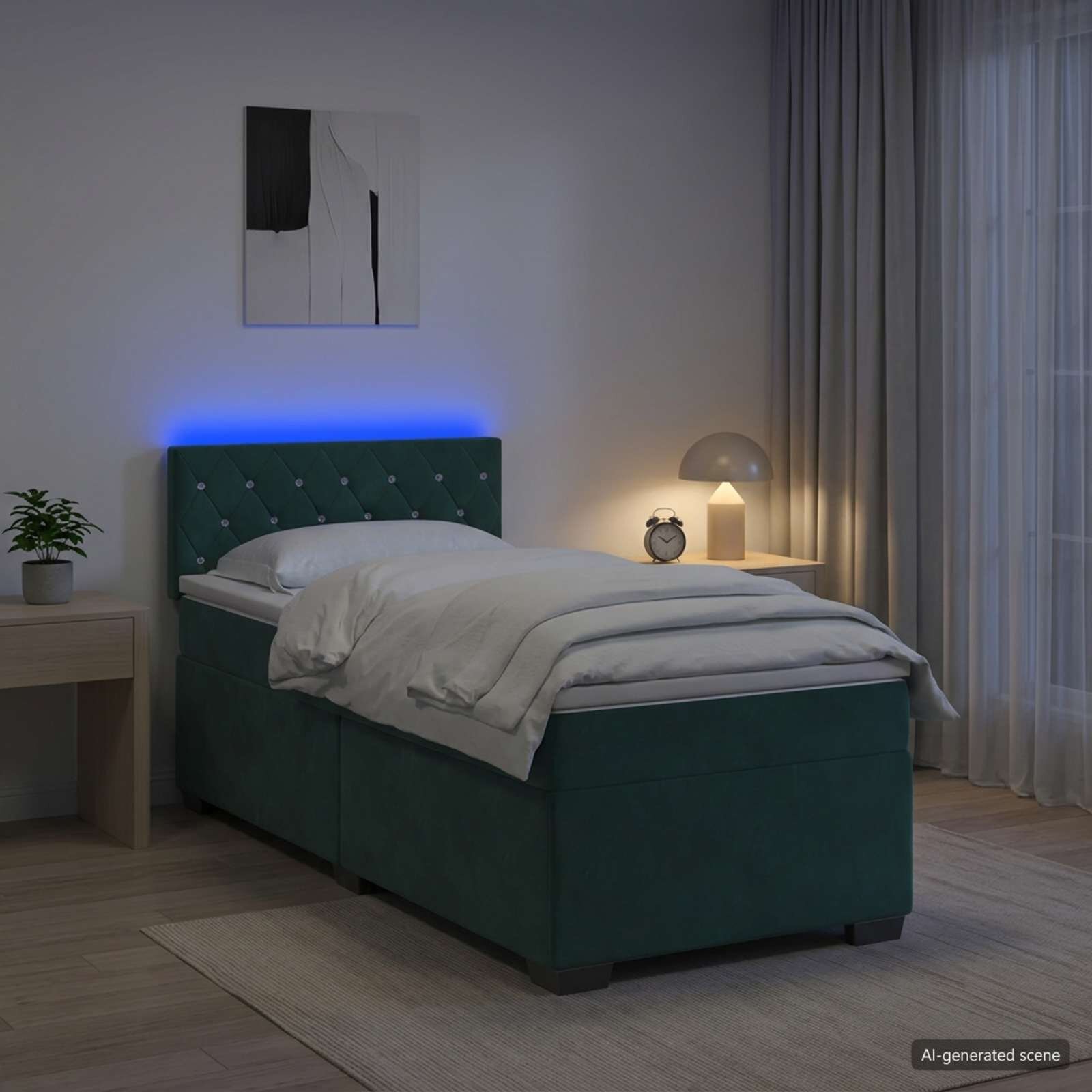 vidaXL Легло с пружина и матрак с LED Тъмнозелено 80 x 200 cm Кадифе