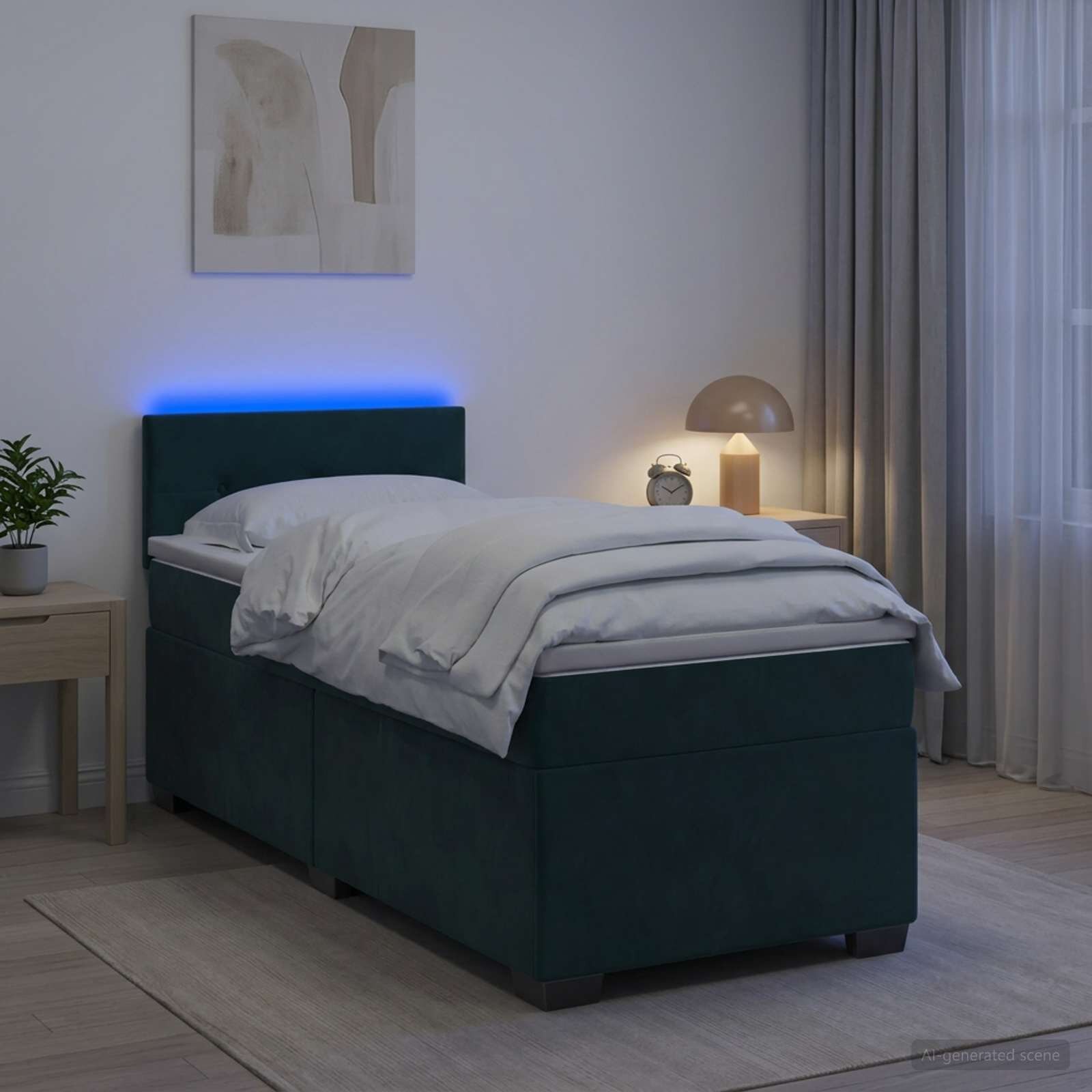 vidaXL Легло с пружина и матрак с LED Тъмнозелено 90 x 200 cm Кадифе