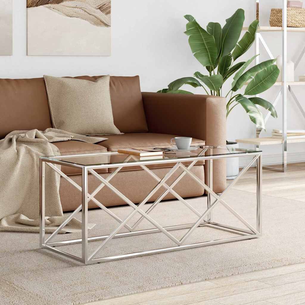 vidaXL Маса за кафе 110x45x45 cм неръждаема стомана и стъкло