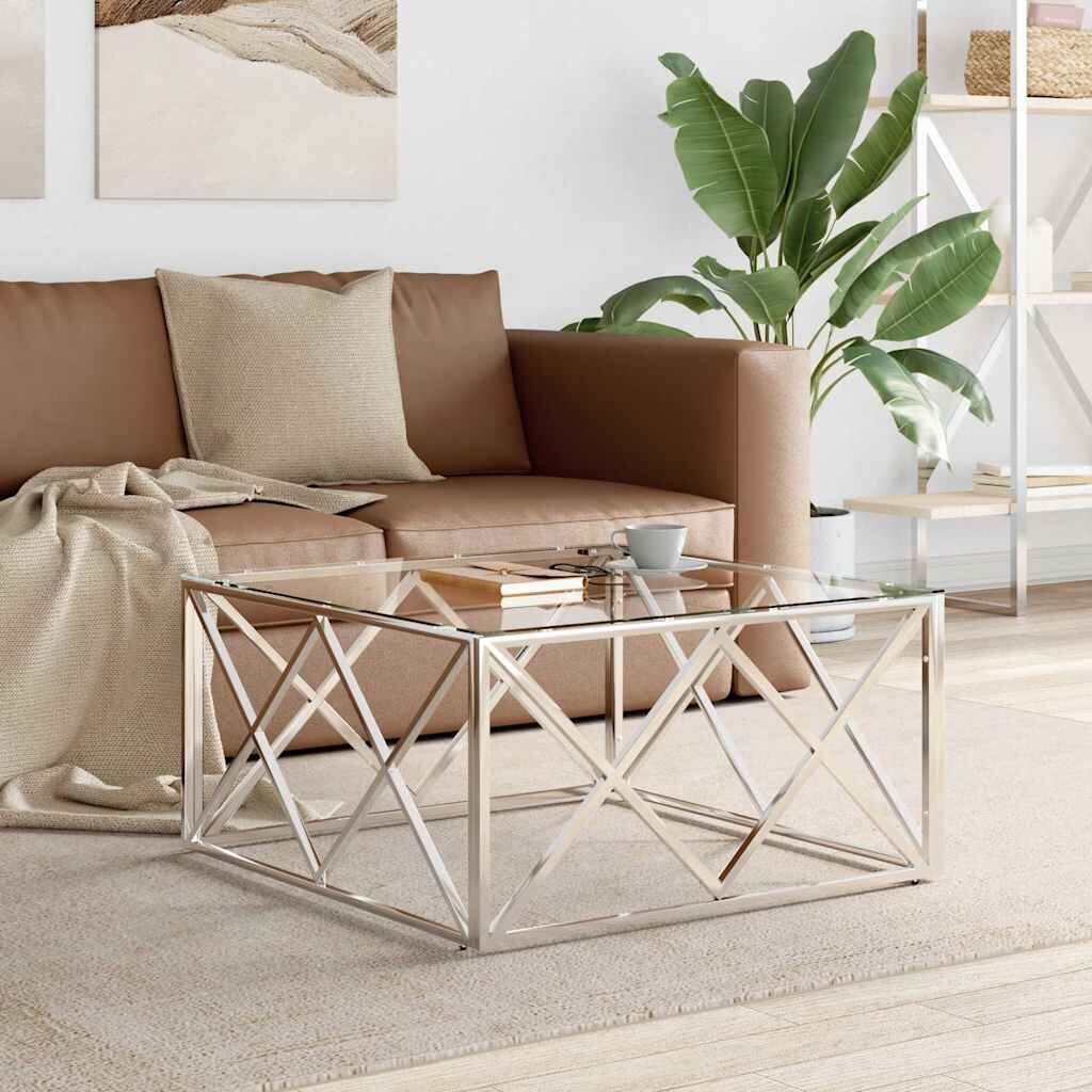 vidaXL Маса за кафе 80x80x40 cм неръждаема стомана и стъкло