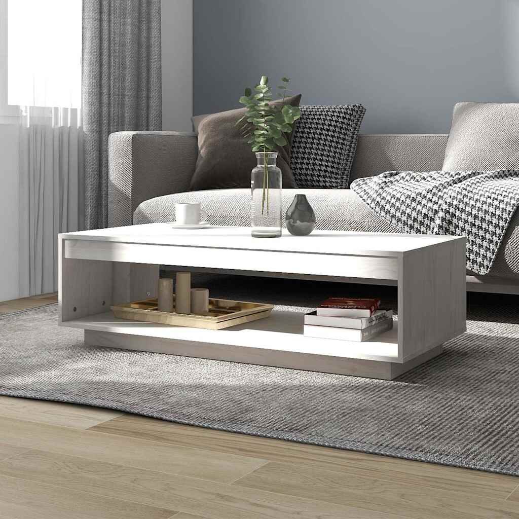 vidaXL Маса за кафе бяла 110x50x335 см борово дърво масив