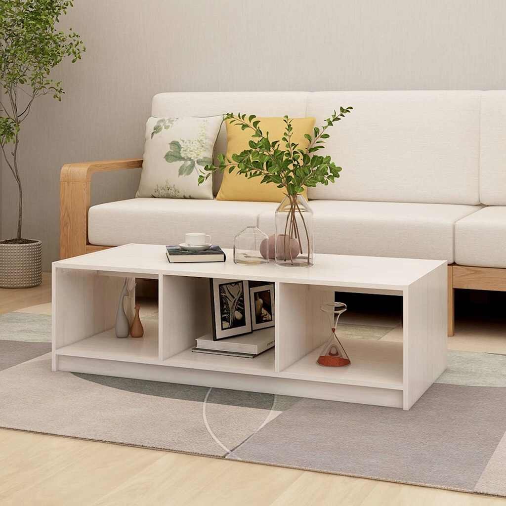 vidaXL Маса за кафе бяла 110x50x34 см борово дърво масив