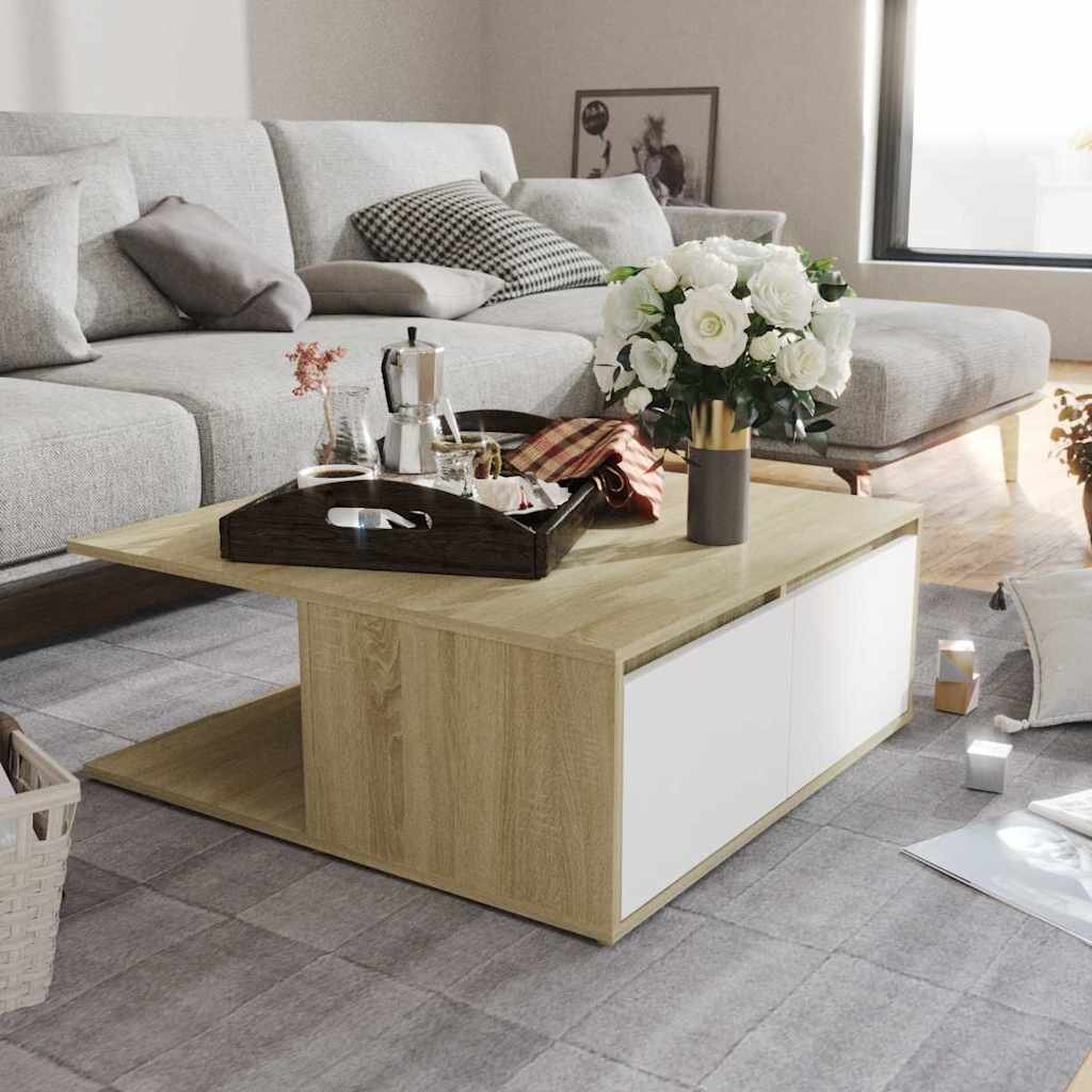 vidaXL Маса за кафе бяло и дъб сонома 80x80x31 см инженерно дърво