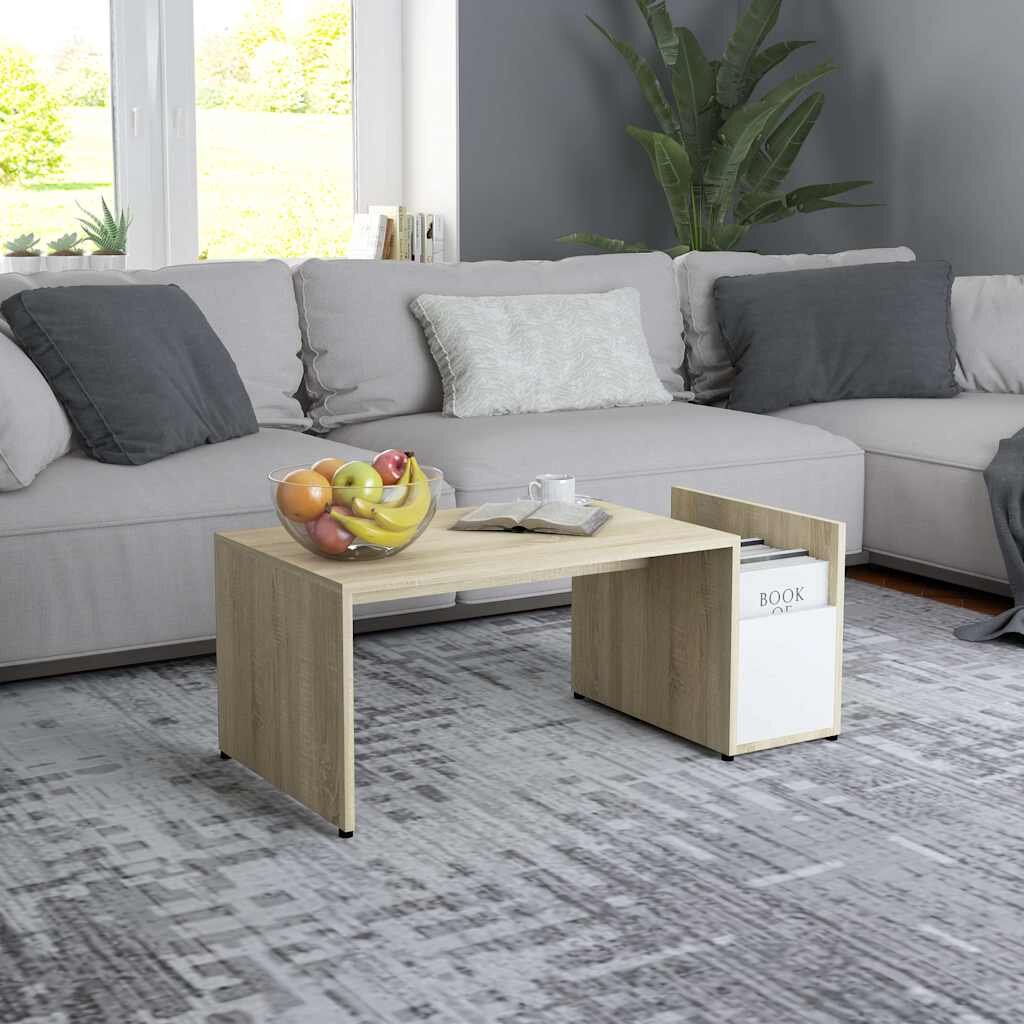 vidaXL Маса за кафе бяло и дъб сонома 90x45x35 см инженерно дърво