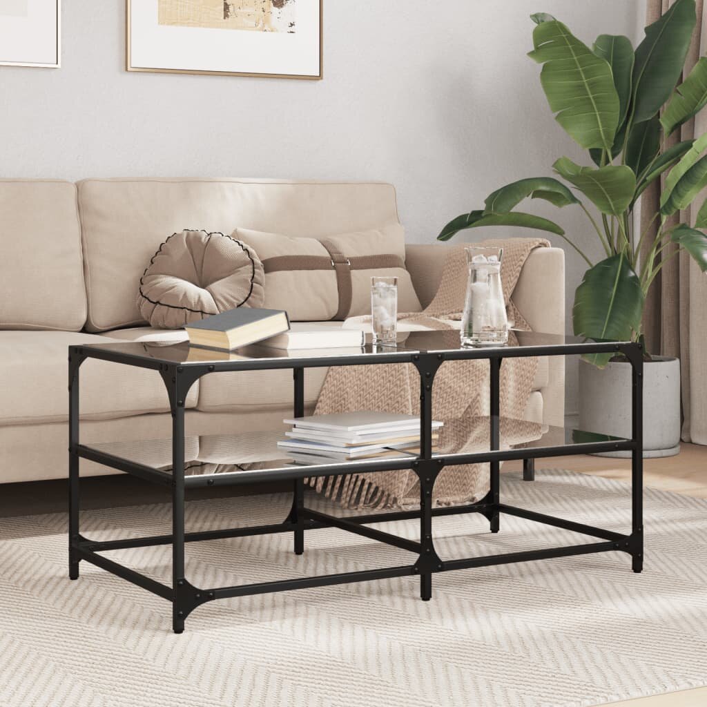vidaXL Маса за кафе с черен стъклен плот 985x50x45 см стомана