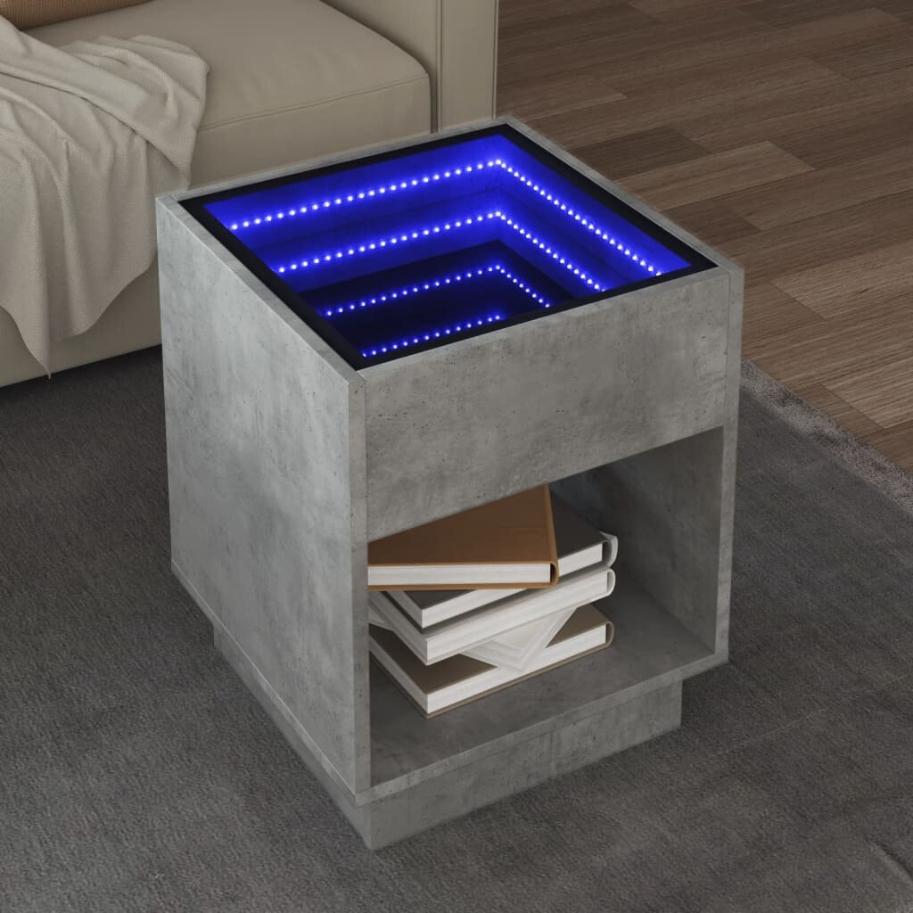 vidaXL Маса за кафе с Infinity LED бетонно сива 40x40x50 см