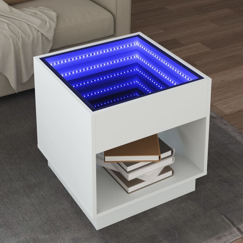 vidaXL Маса за кафе с Infinity LED бяла 50x50x50 см
