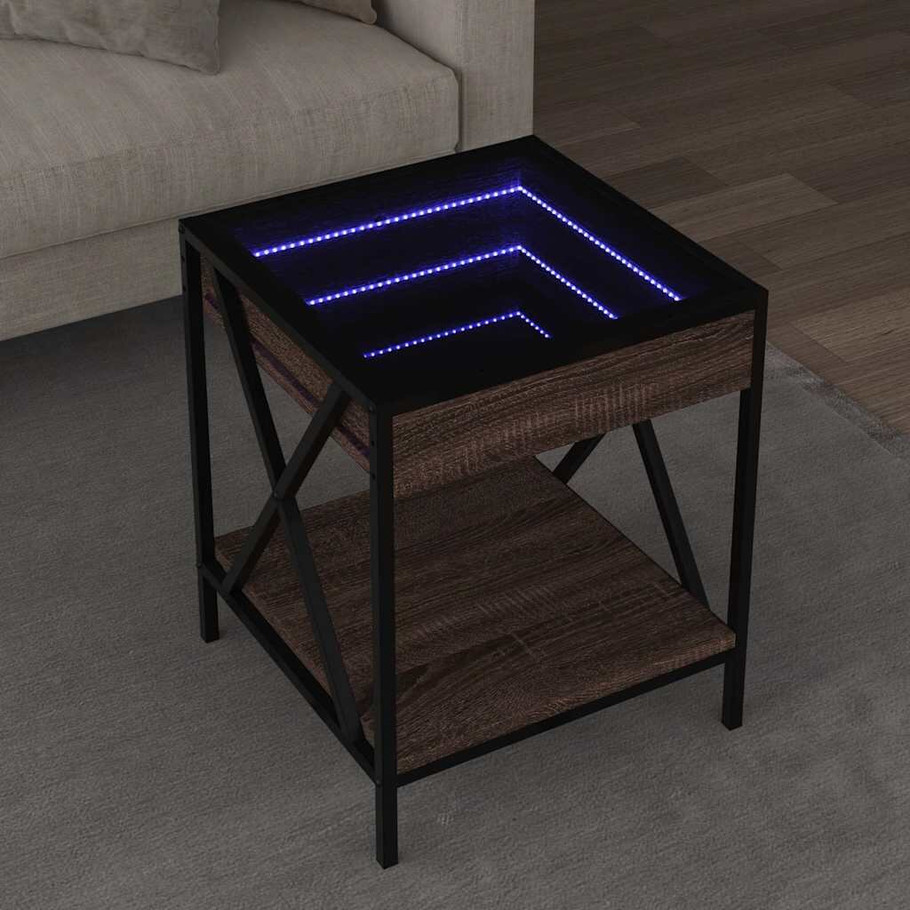 vidaXL Маса за кафе с Infinity LED кафяв дъб 40x40x49 см