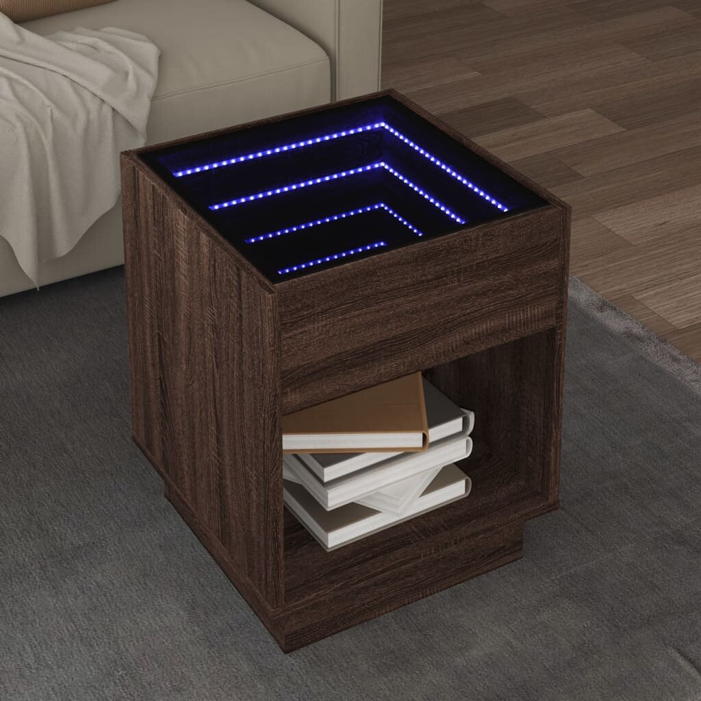 vidaXL Маса за кафе с Infinity LED кафяв дъб 40x40x50 см