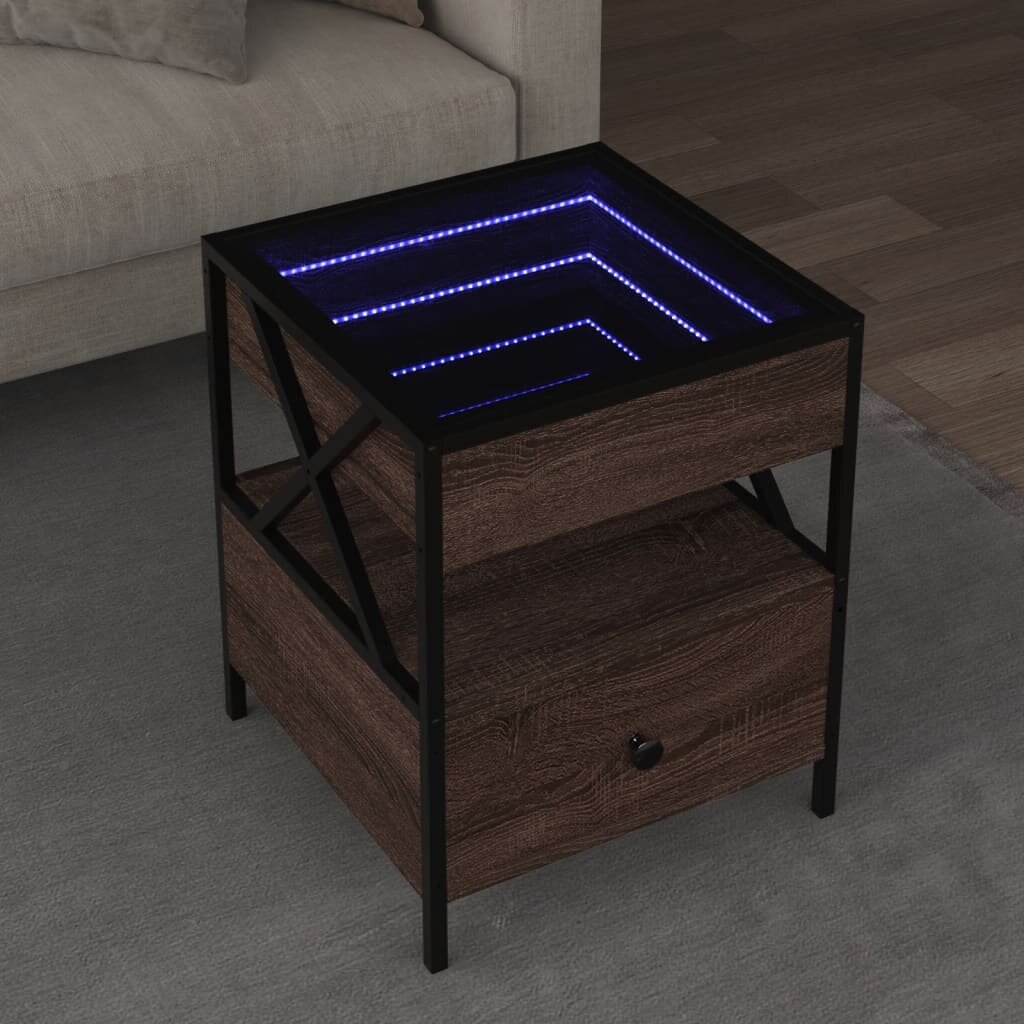 vidaXL Маса за кафе с Infinity LED кафяв дъб 40x40x51 см
