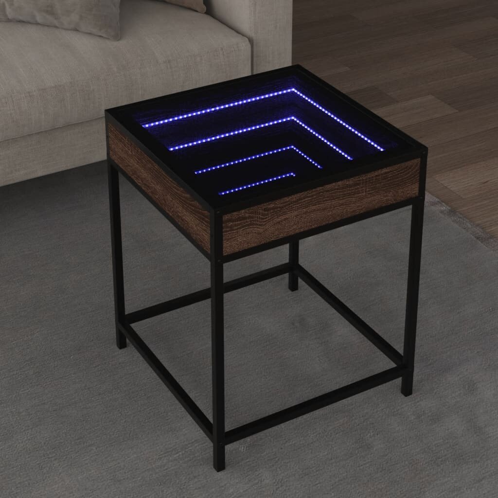 vidaXL Маса за кафе с Infinity LED кафяв дъб 40x40x51 см